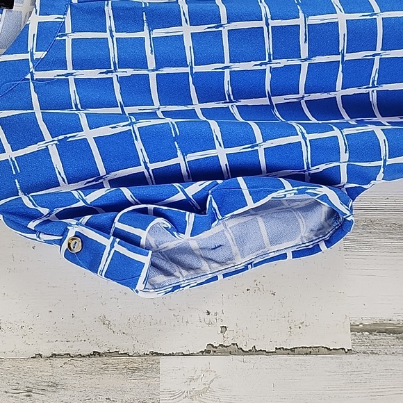 Cure bright blue white windowpane blouse split v cuffed sleeve Size Large NEW - Picture 3 of 9